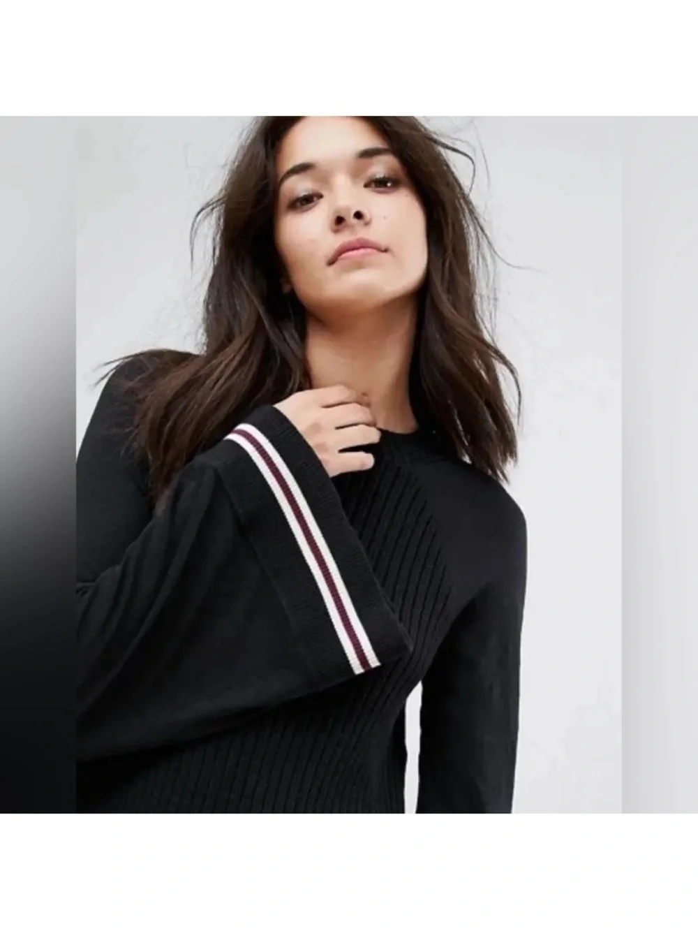 Free People Zou Bisou Black Ribbed Knit Bell Sleeve Sweater Dress